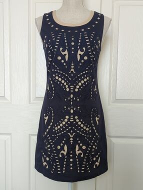 I. Madeline Navy Laser-Cut Mini Dress with Nude Underlay